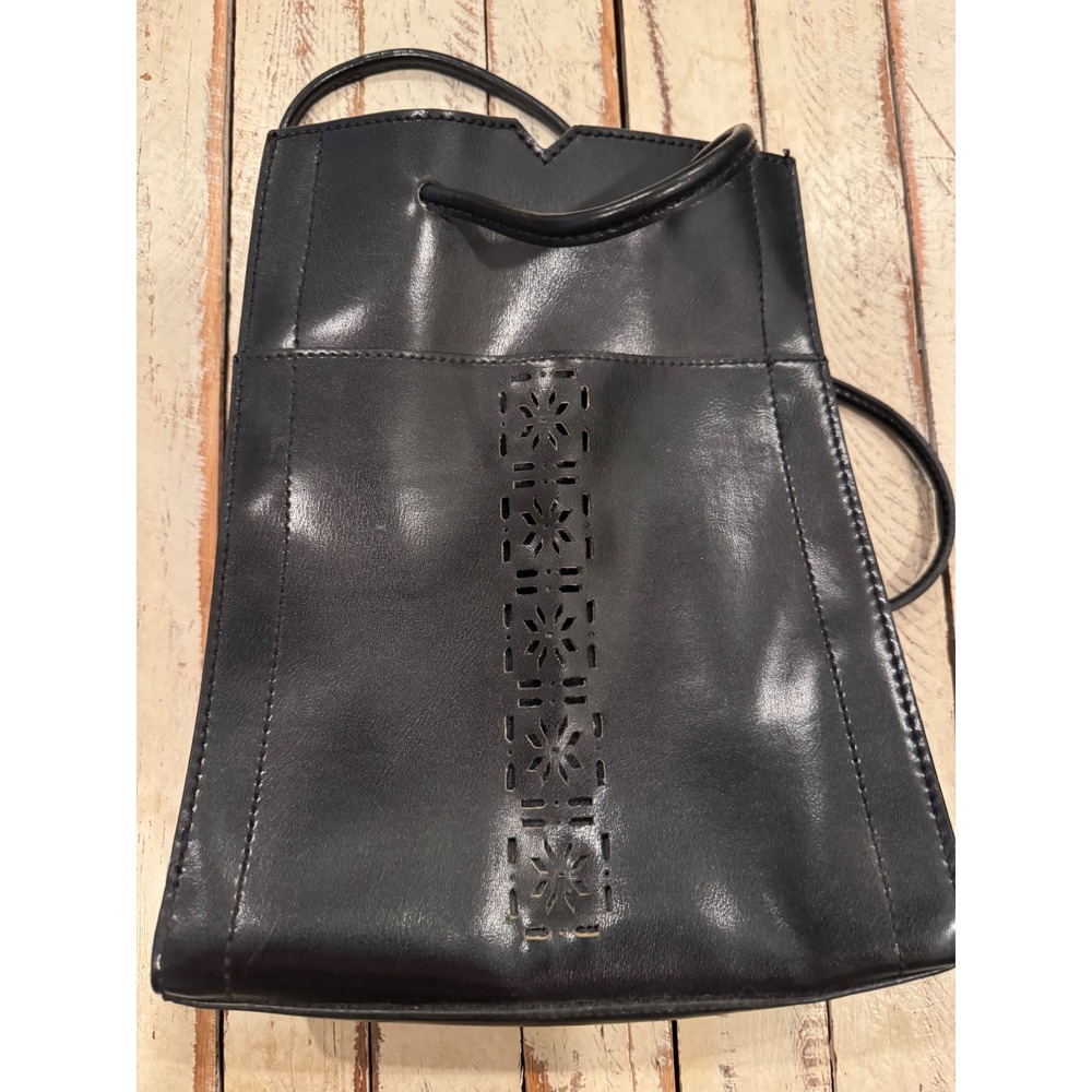 Mondani Black Faux Leather Laser Cut Floral Crossbody Bag Pocket Slim Minimalist